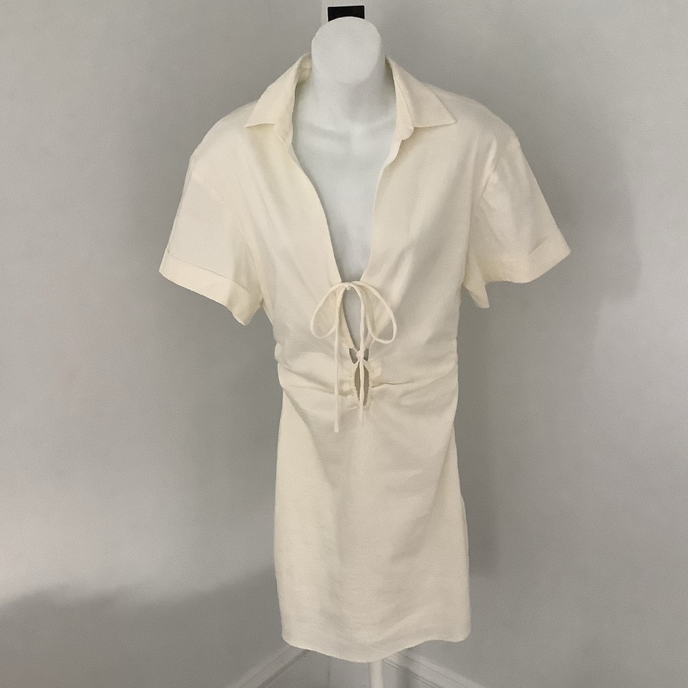 Zara NWT Ivory Tie Cutout Ruched Dress with Collar Sz. M
